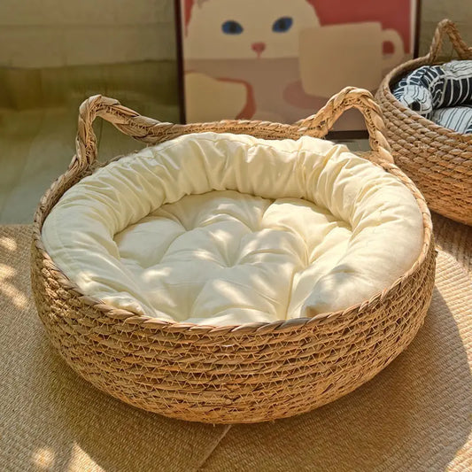 Cozy Woven Cat Basket Bed with Soft Cushion