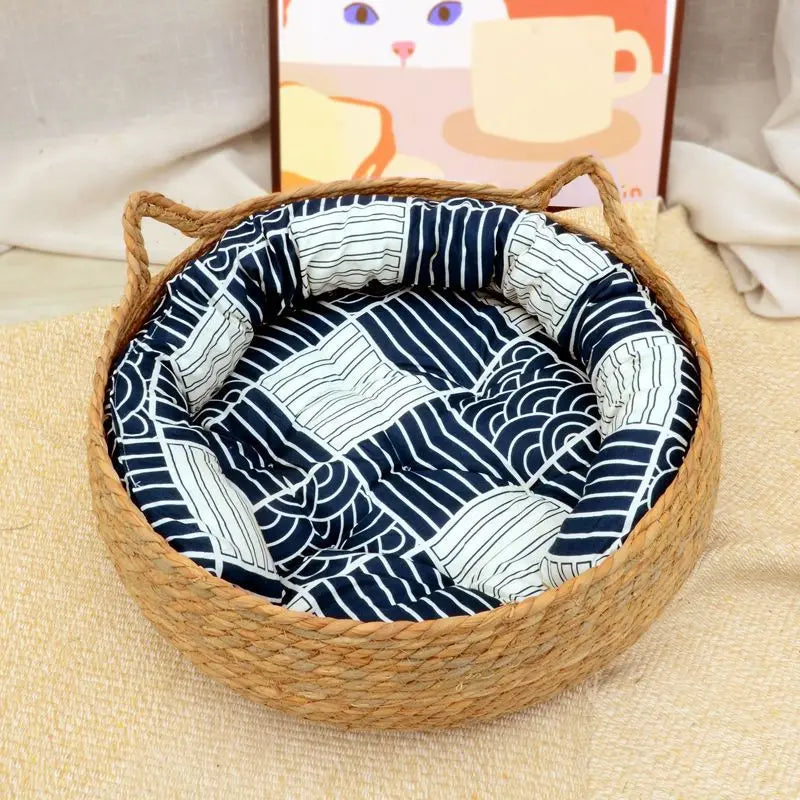 Cozy Woven Cat Basket Bed with Soft Cushion