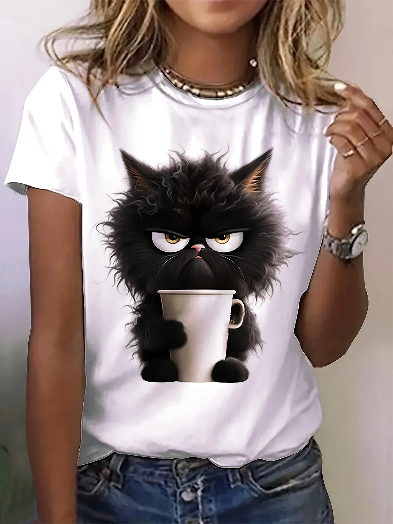 Casual Short Sleeve Crew Neck Cat Print T-shirt,